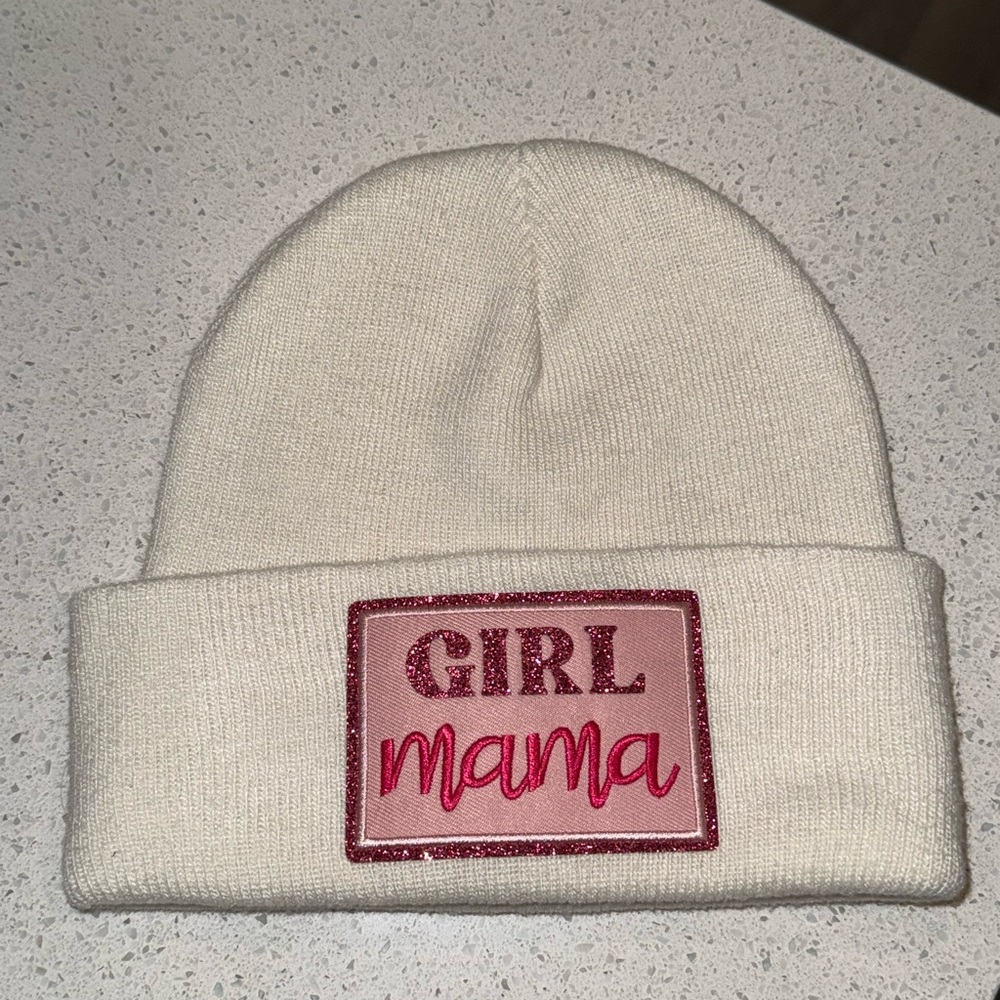 Cream Beanie with Pink 'Girl Mama' Patch